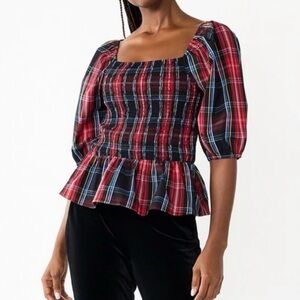 Draper James RSVP Plaid Smocked Peplum Top-Size XXL